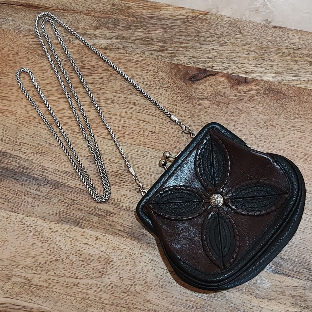 Brighton Black And Brown Leather Kisslock Clutch With Chain Strap